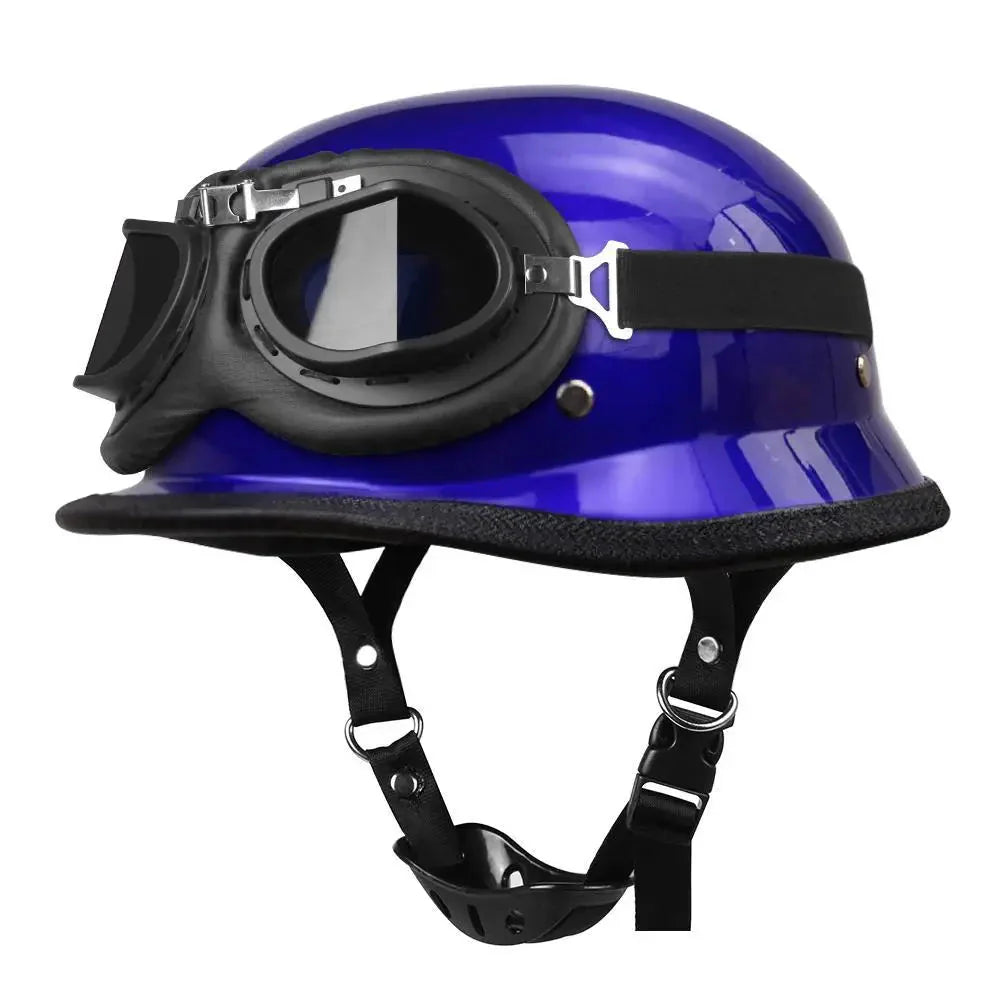 Blue motorcycle helmet with black goggles on a white background