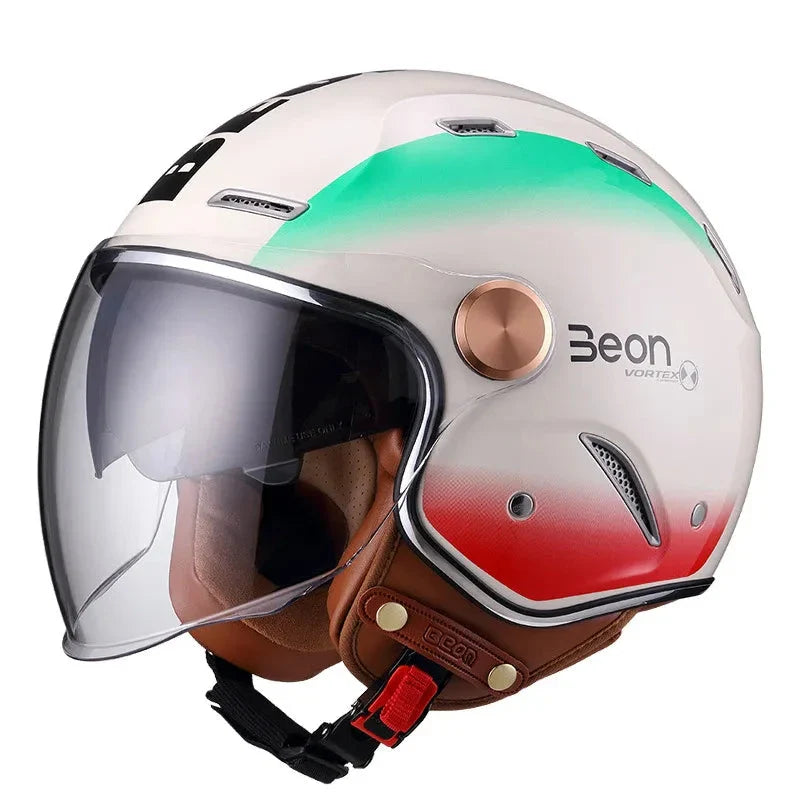 White motorcycle helmet with a gradient design and 'Beon' branding on a white background