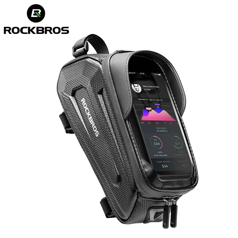 Black motorcycle phone mount / bag with screen displaying app interface, featuring RockBros branding.