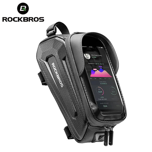 Black motorcycle phone mount / bag with screen displaying app interface, featuring RockBros branding.