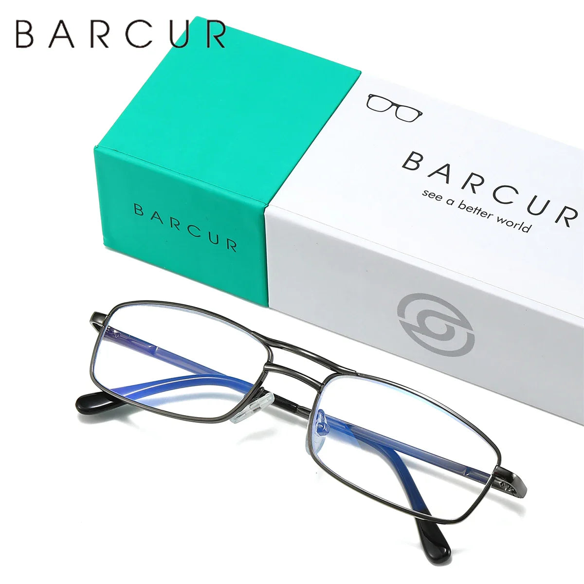 Barcur eyeglasses with turquoise case and white box on a white background