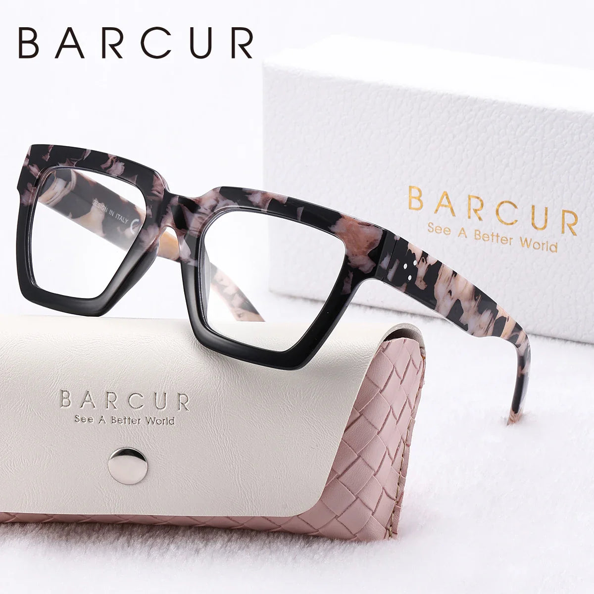 Barcur eyeglasses with patterned frame and pink case on a white background