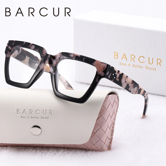 Barcur eyeglasses with patterned frame and pink case on a white background