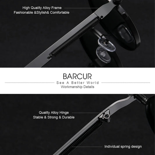 Barcur glasses with text highlighting features on a dark background