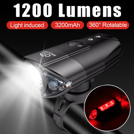 Bicycle light with 1200 lumens, 3200mAh battery, and 360-degree rotation on a black background.