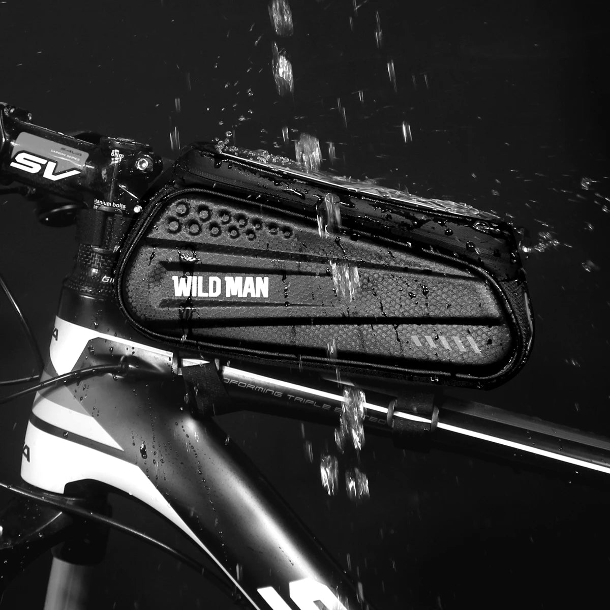 Bicycle handlebar with 'Wild Man' storage cage in black and white.