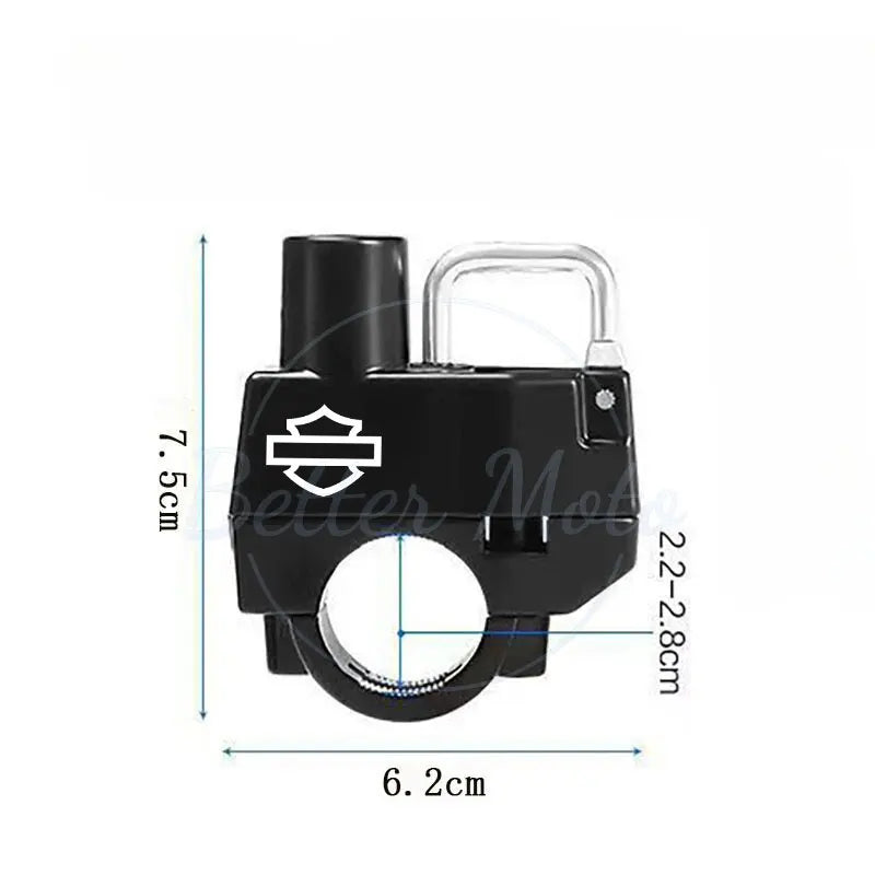 Black motorcycle handlebar clamp with measurement details on a white background
