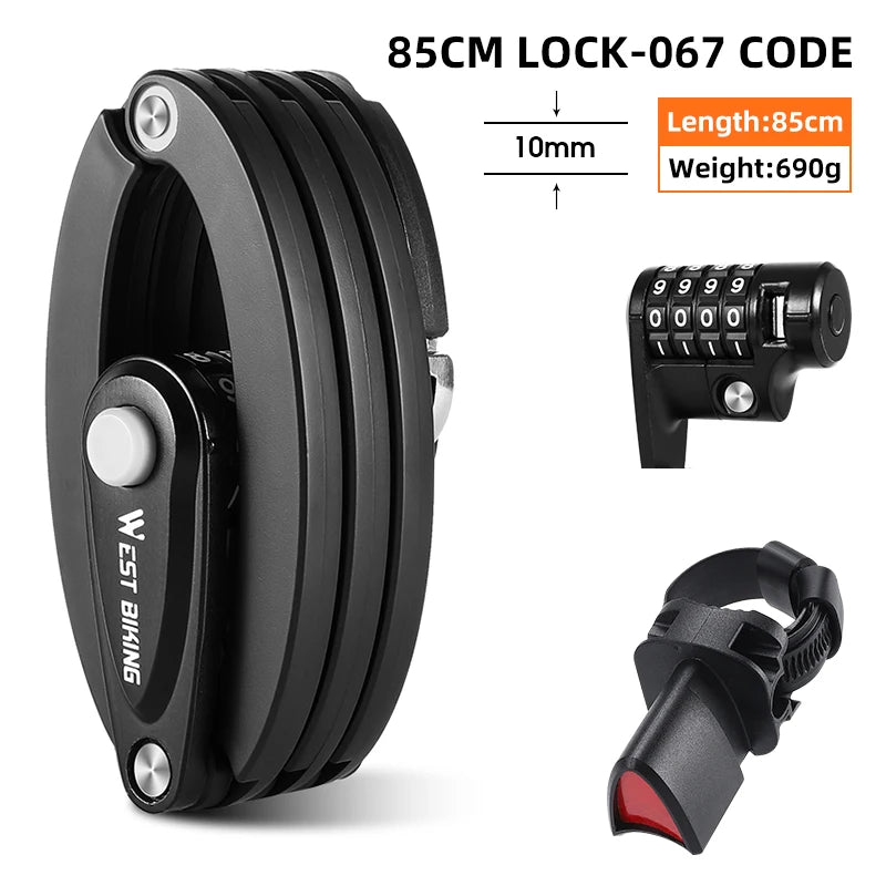 Black bike lock with measurement details on a white background