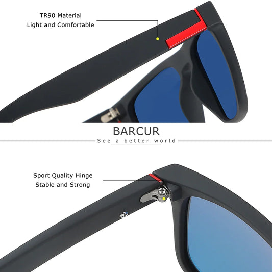 Sunglasses with black frame and blue lenses, featuring BARCUR branding and text about material and quality.