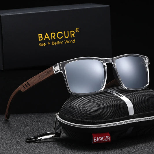 Sunglasses with wooden arm and clear case on a dark background, featuring BARCUR branding.