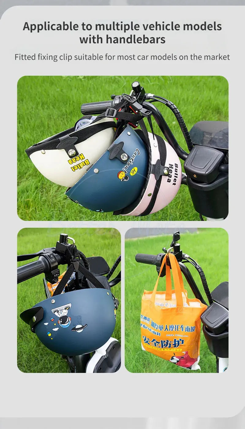 Helmet with a fixing clip for vehicle handlebars on a grassy background