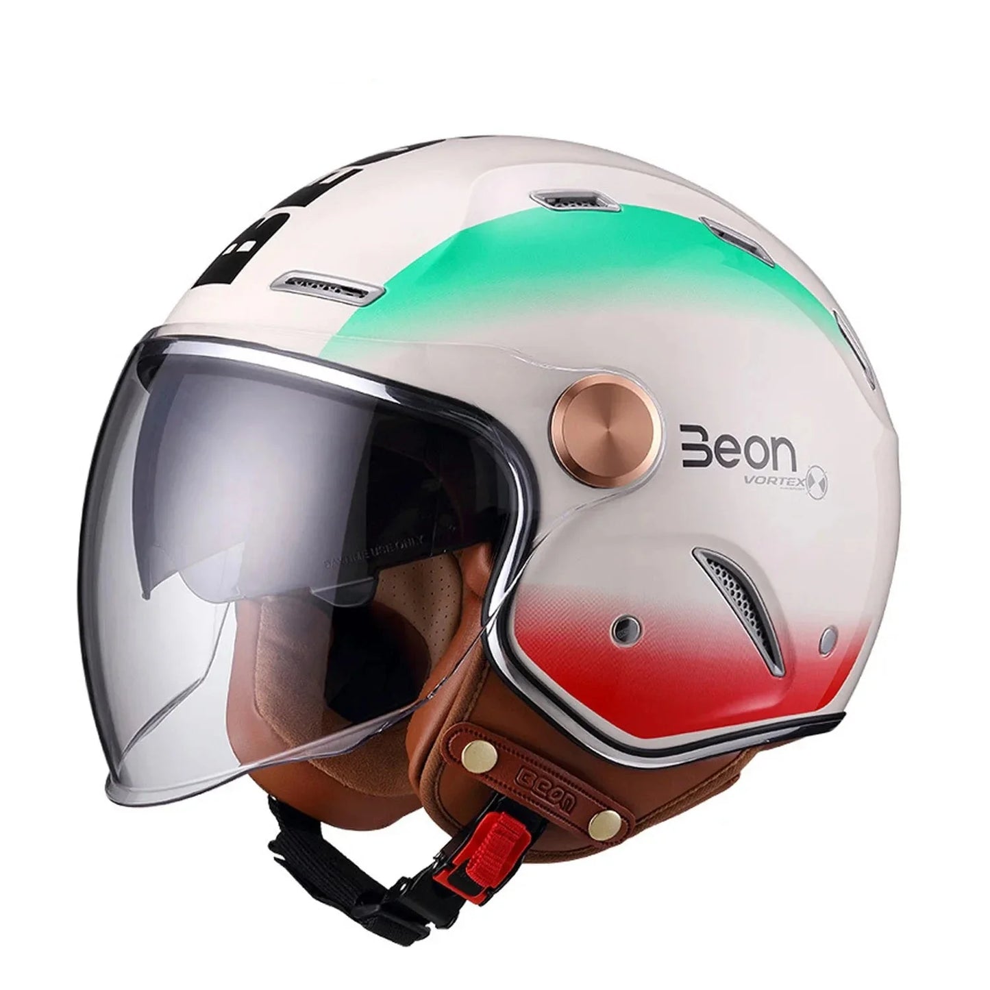 Colorful helmet with a gradient design and 'Beon' branding on a white background