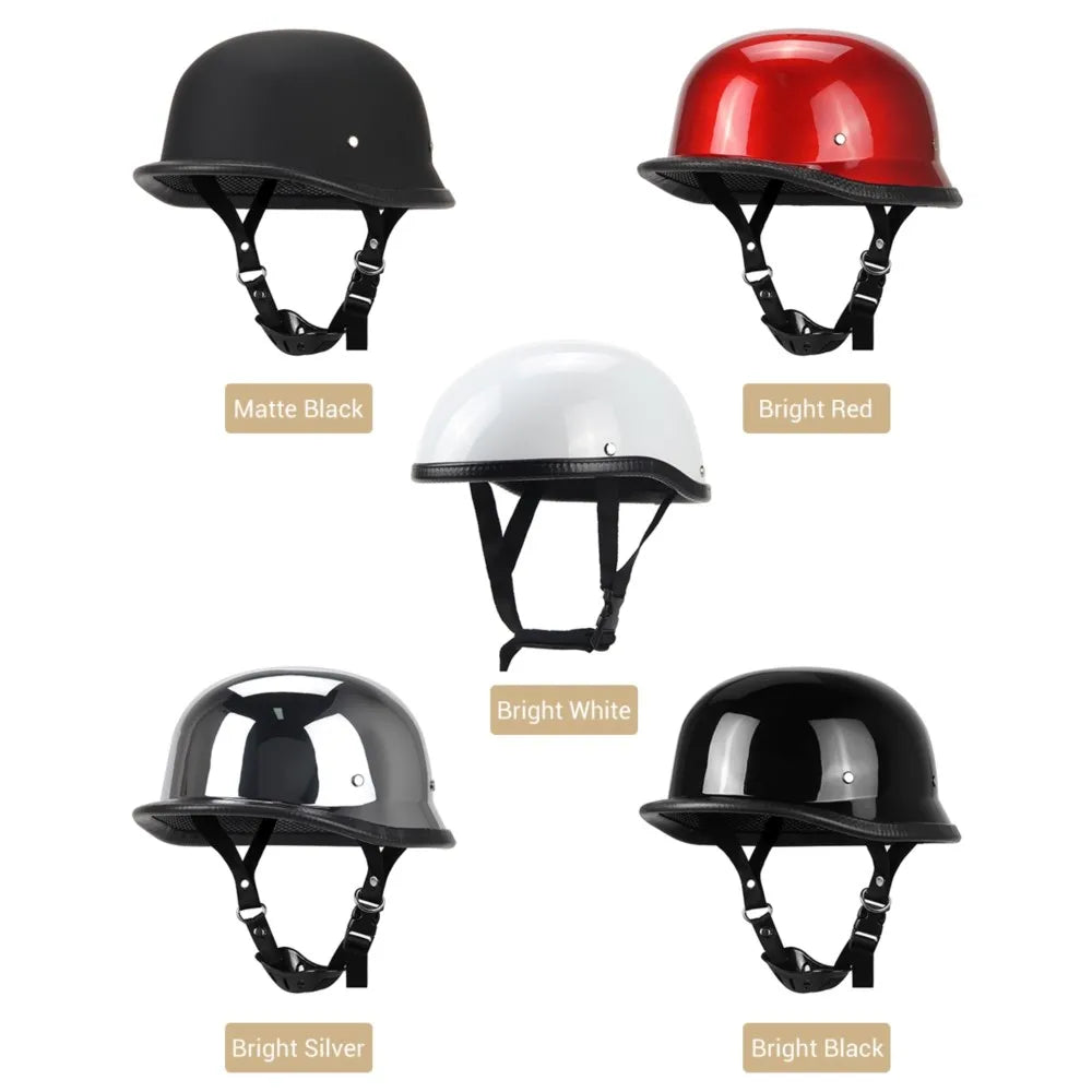 Collection of five motorcycle helmets in different colors with labels on a white background.