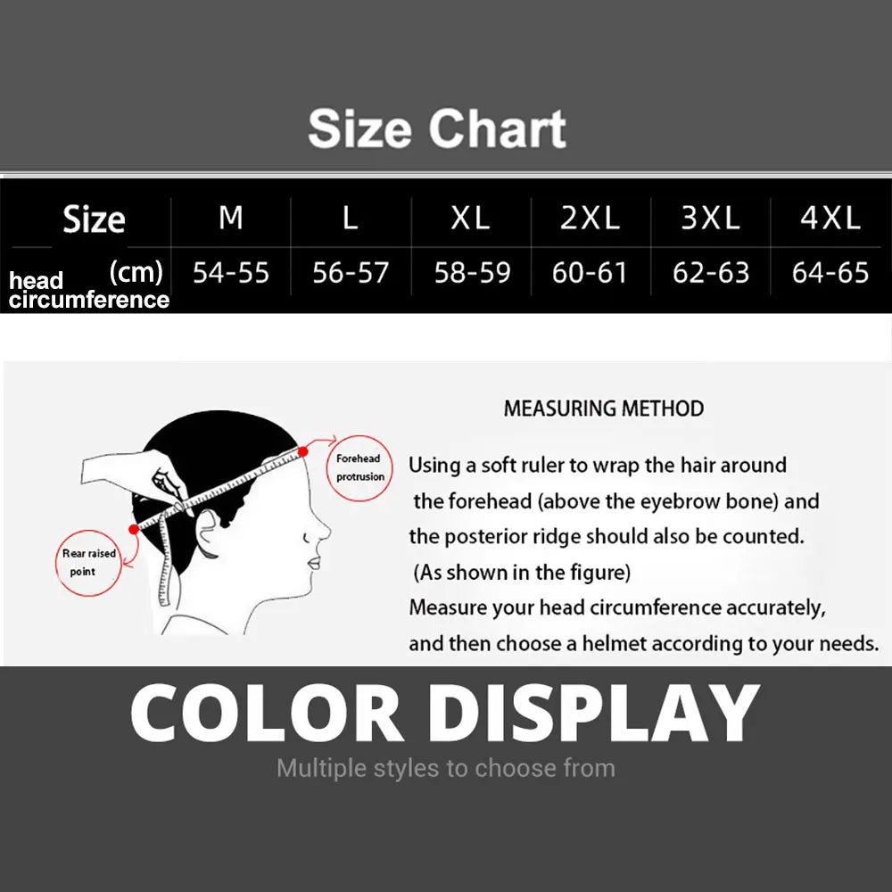 Helmet size chart with measurements and color display for multiple styles.