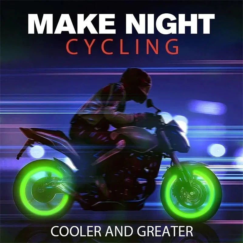 Person riding a motorcycle with glowing green wheels against a dark background with text 'MAKE NIGHT CYCLING COOLER AND GREATER'.