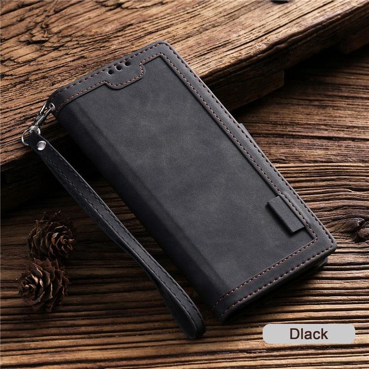 Black phone wallet case on a wooden surface with 'Black' label