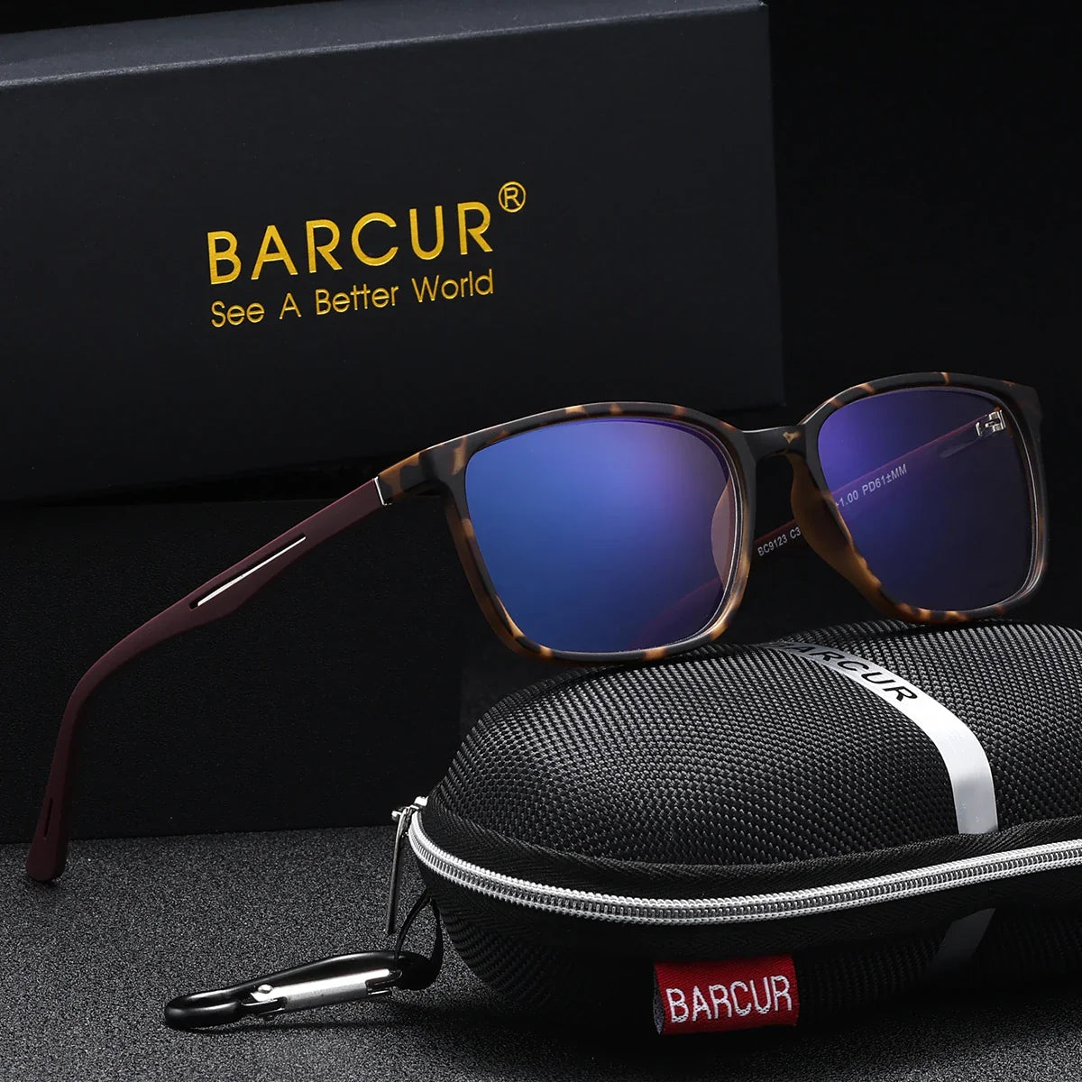 Sunglasses with blue lenses and tortoiseshell frame on a black background with BARCUR branding.