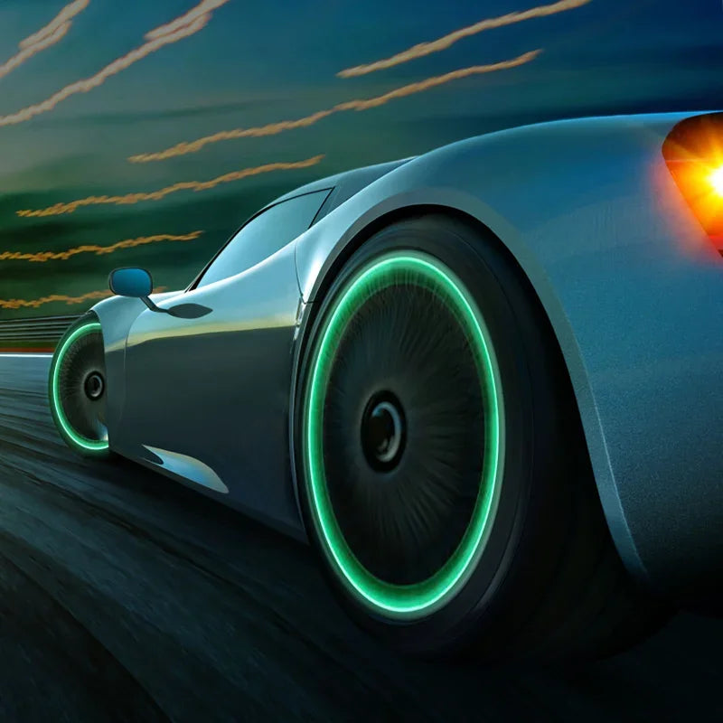 Futuristic car with glowing green wheels on a blurred background