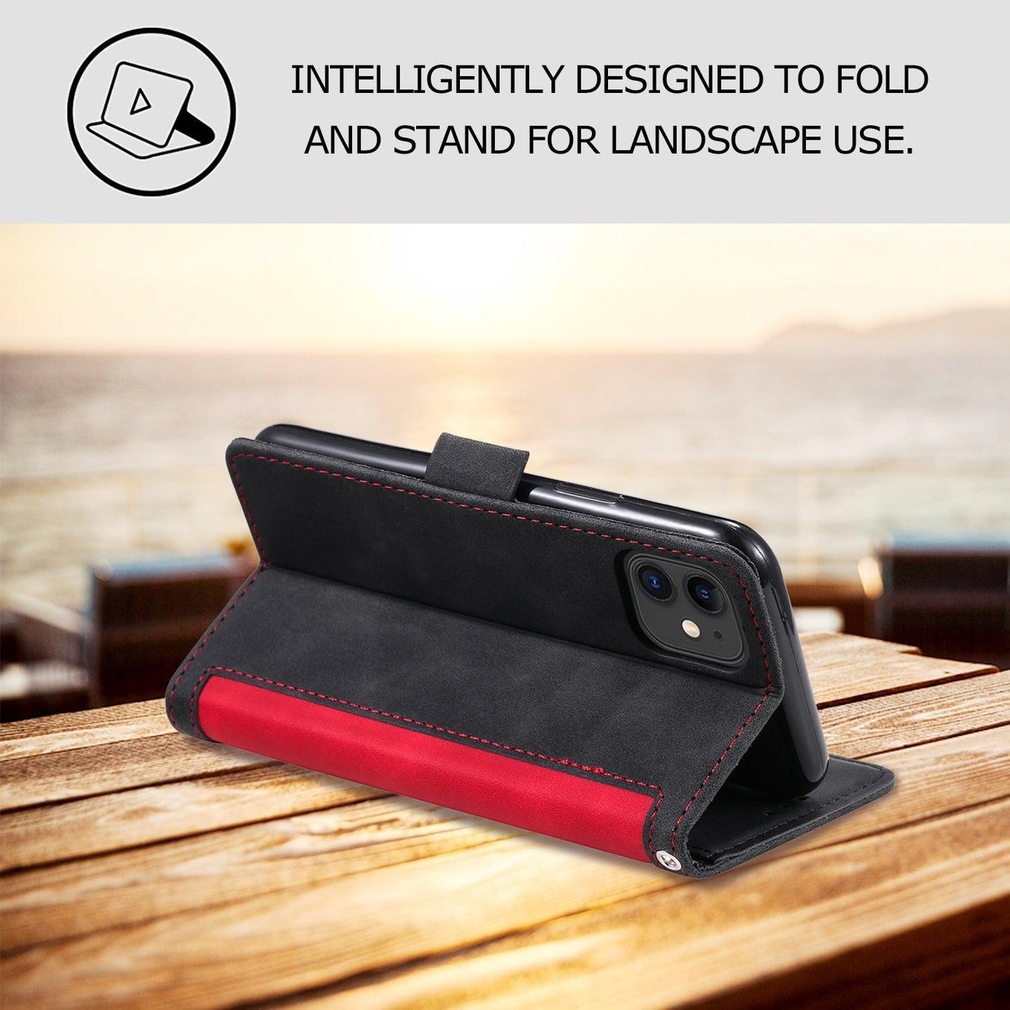 Black and red phone case on a wooden surface with promotional text.