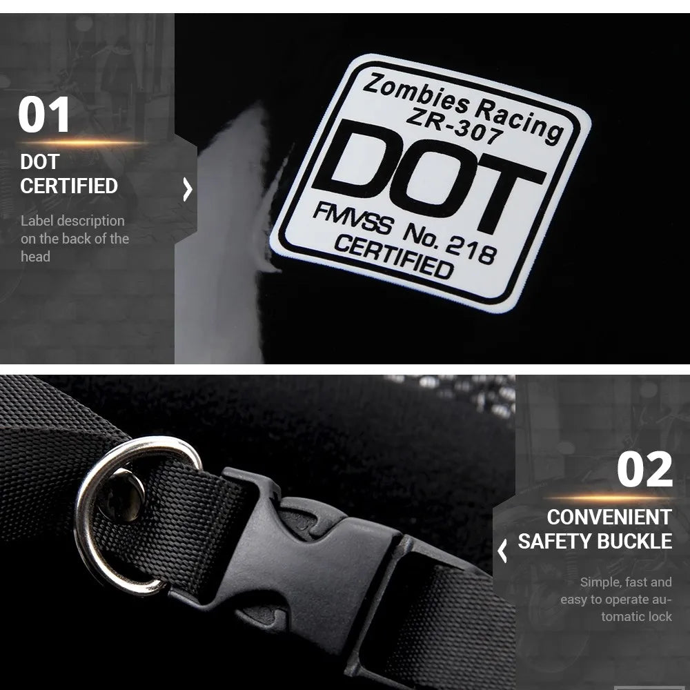 Black seat belt with a 'Zombies Racing' label and safety buckle feature.