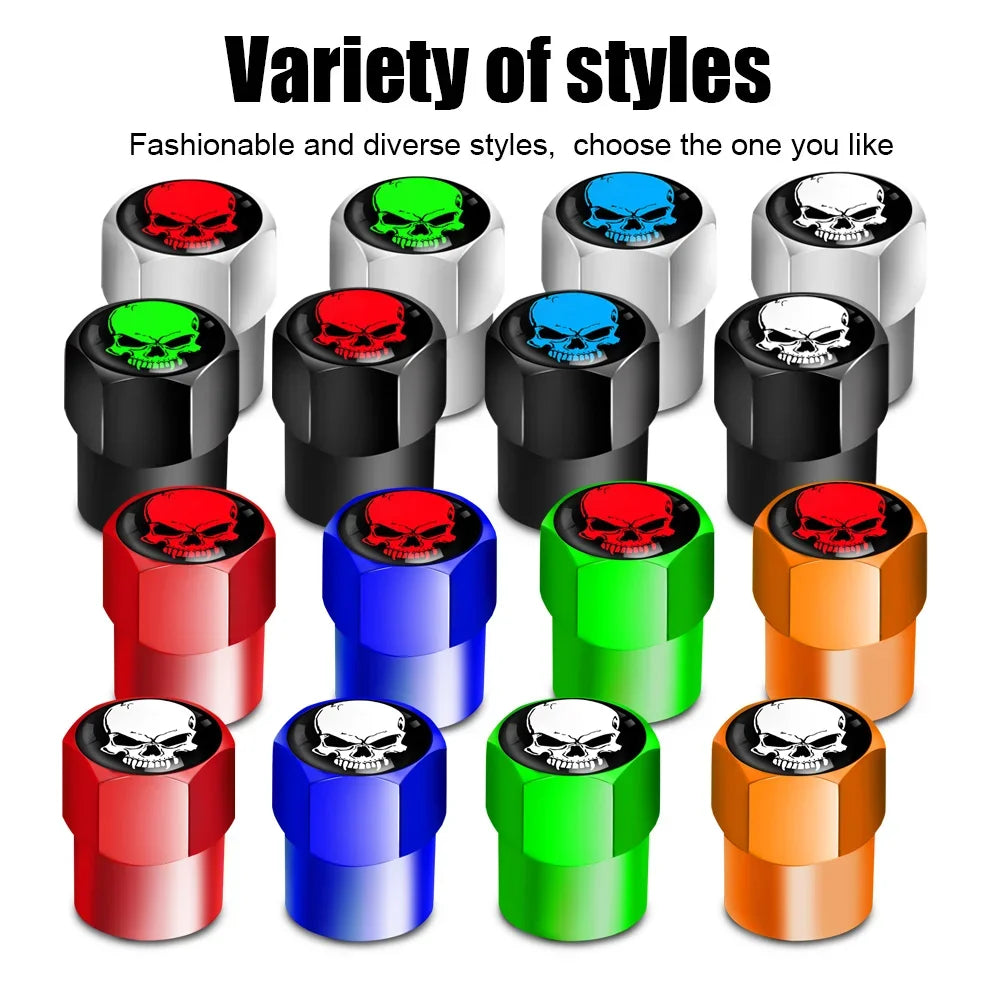 Assorted colorful skull designs on metal caps with text 'Variety of styles' and 'Fashionable and diverse styles, choose the one you like'.