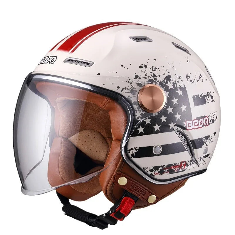White motorcycle helmet with American flag design and brown interior on a white background