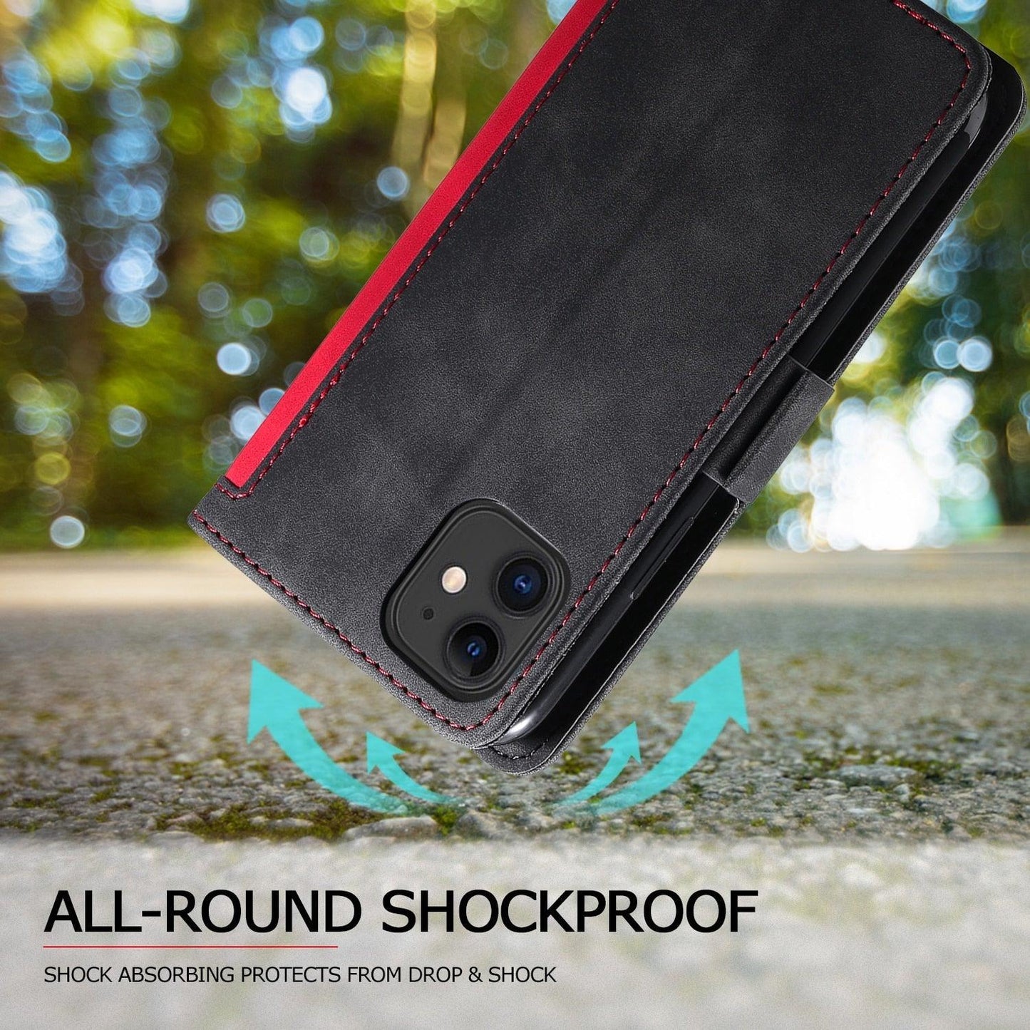 Black phone case with red accents on a blurred natural background, emphasizing shockproof feature.