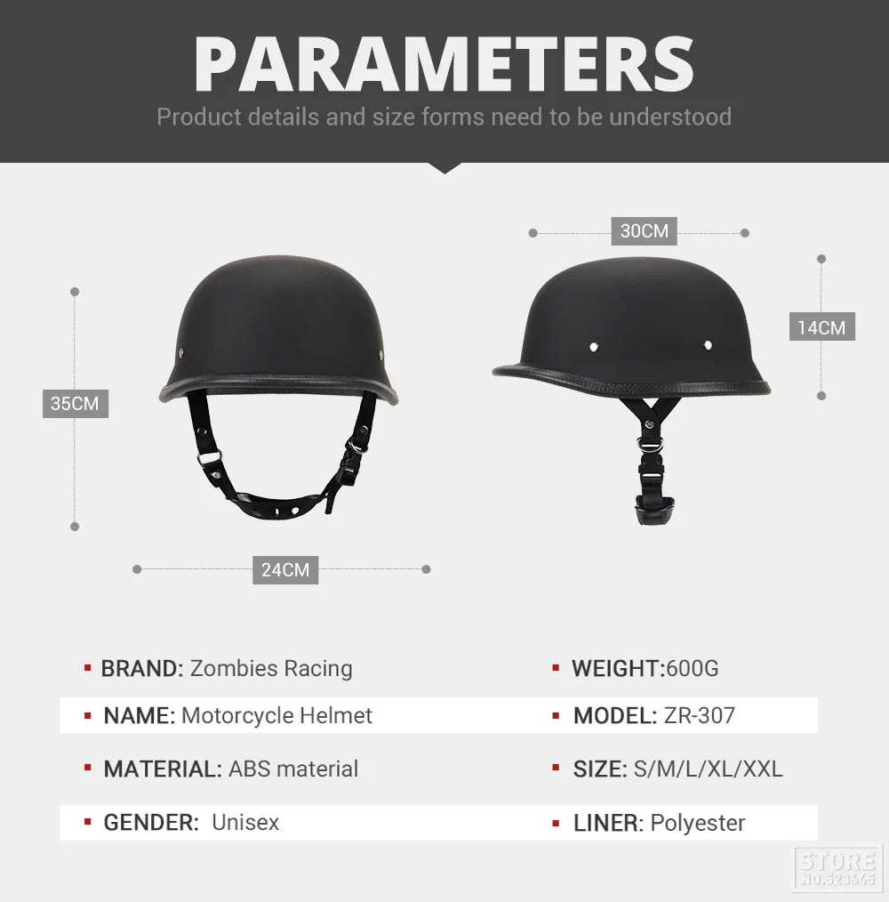 Motorcycle helmet with dimensions and product details on a gray background