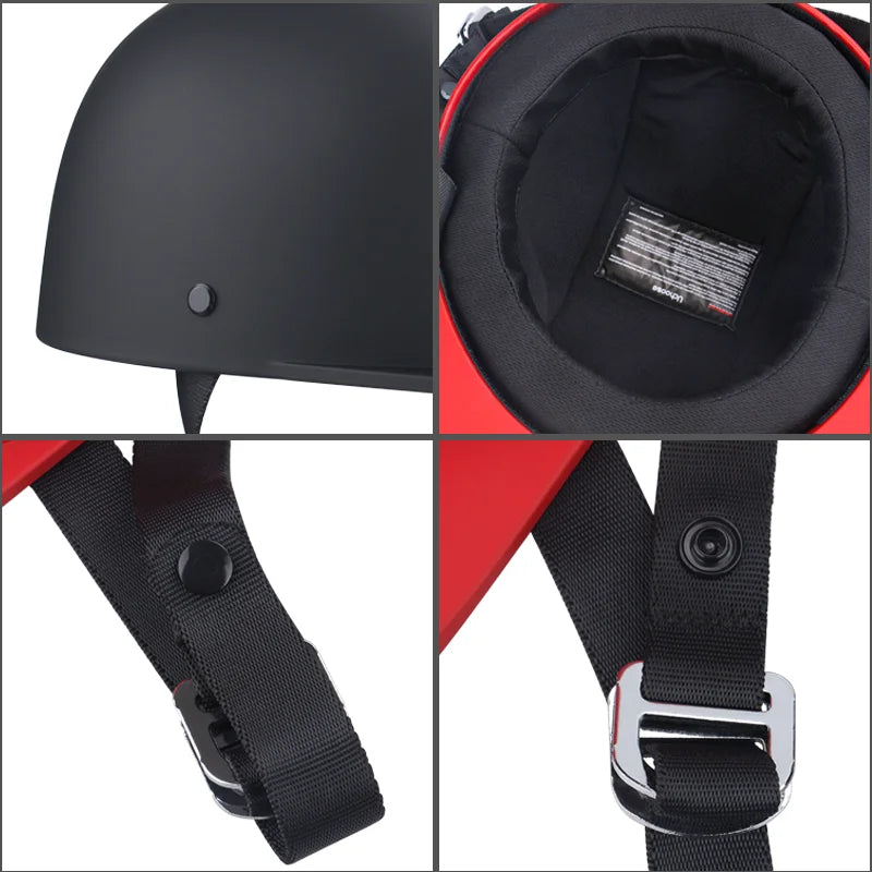 Collage of a black helmet with red accents, showing different parts including the side, interior, chin strap, and buckle.