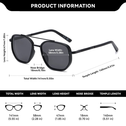 Sunglasses with detailed measurements on a white background