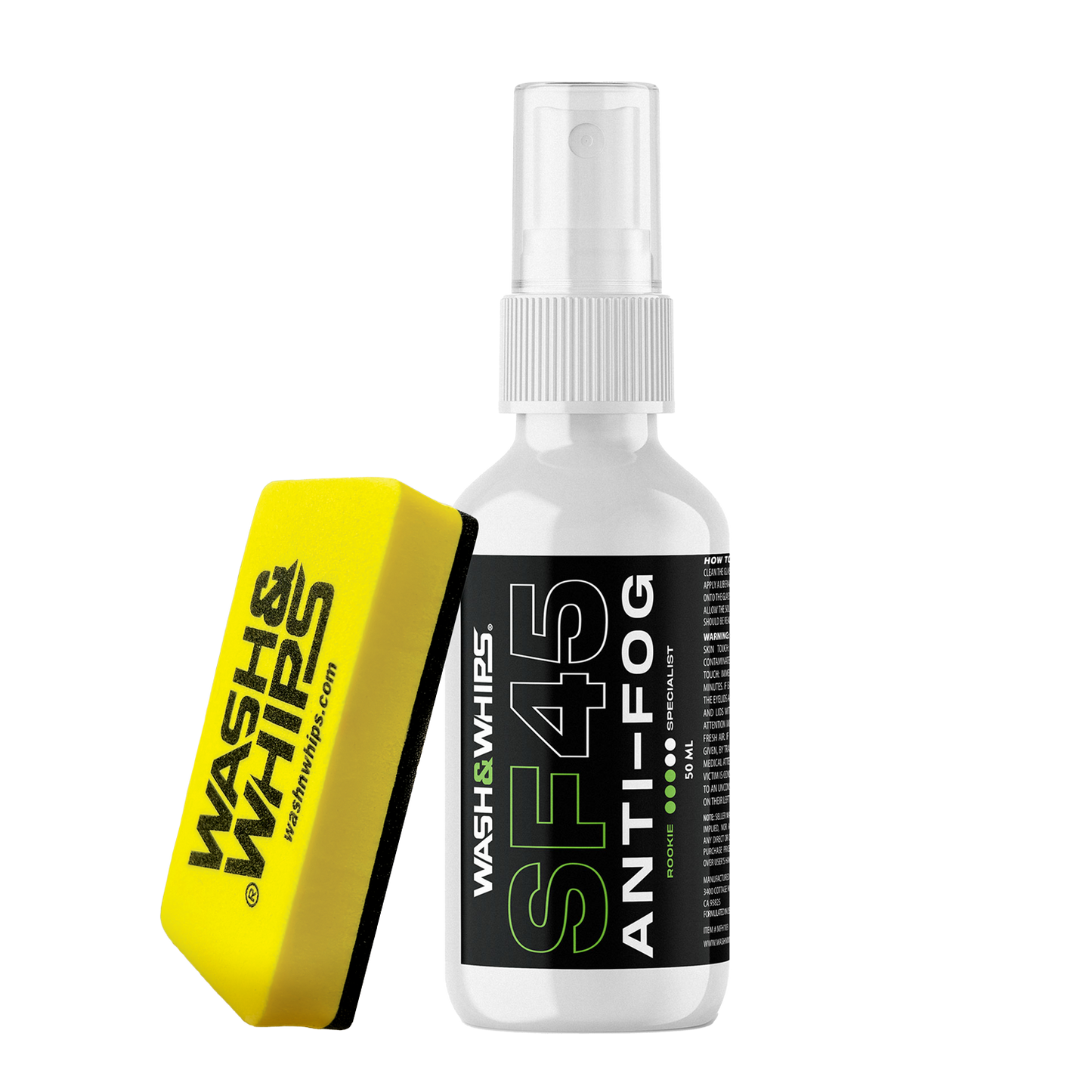 Anti-fog spray bottle and yellow sponge with 'Wash N' Wipes' branding on a white background