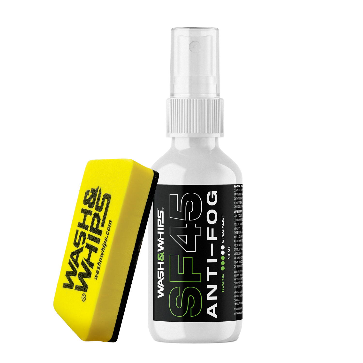 Anti-fog spray bottle and yellow sponge with 'Wash N' Wipes' branding on a white background