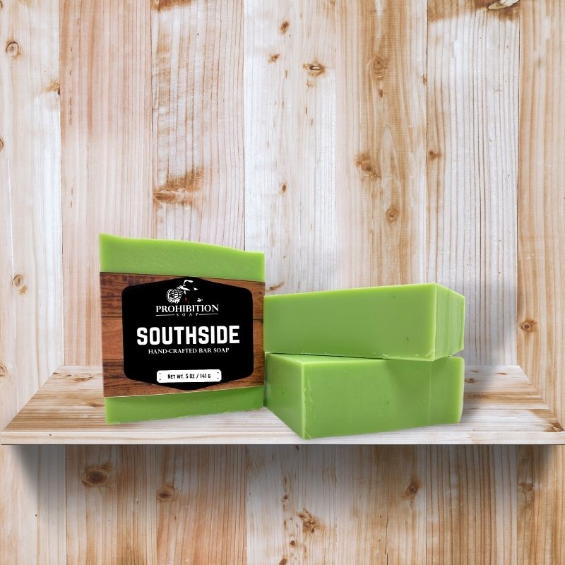 3 bars Southside Handcrafted Soap on wood shelf