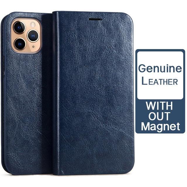 Blue leather phone case with 'Genuine Leather Without Magnet' label on a white background
