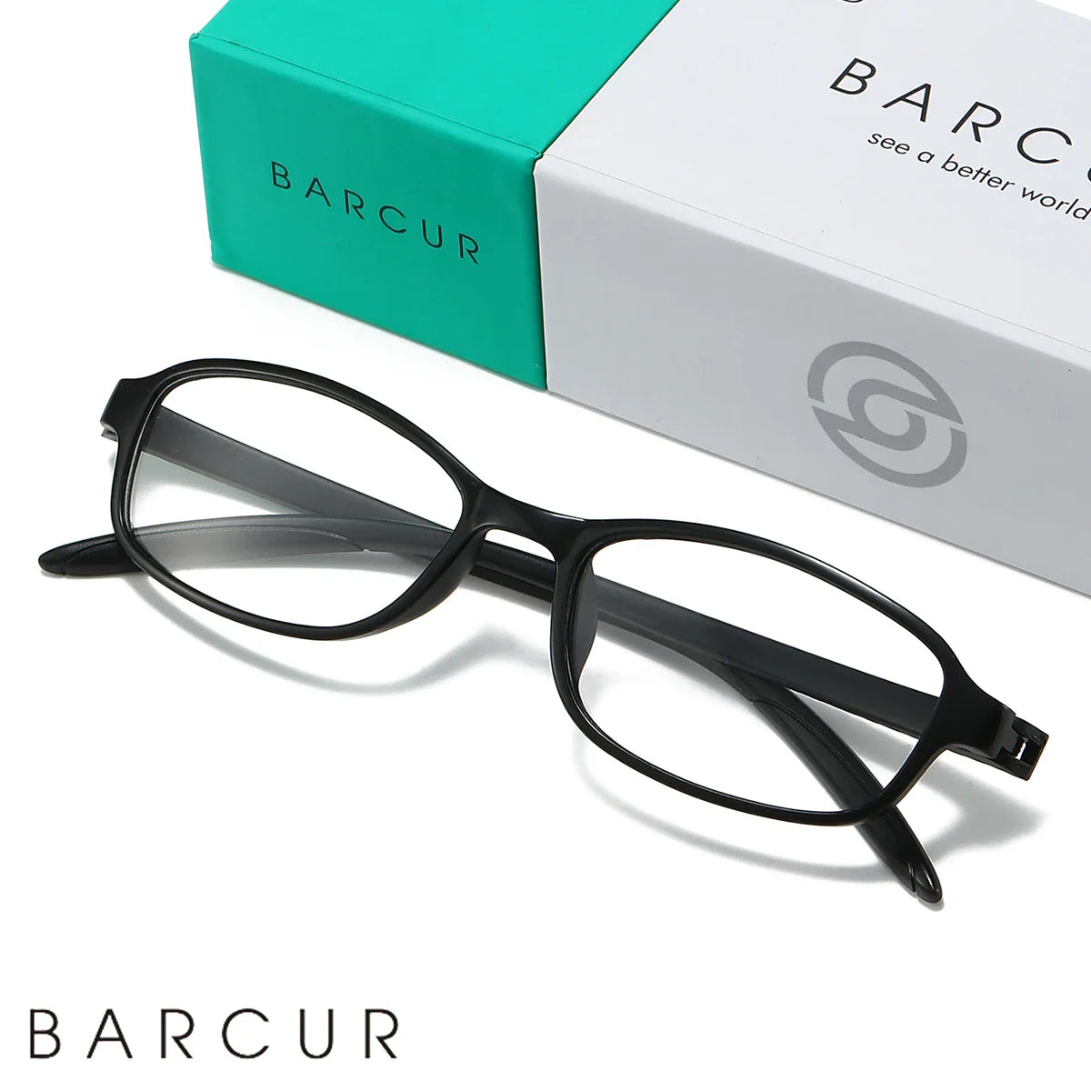 Black eyeglasses with a turquoise and white BARCUR box in the background
