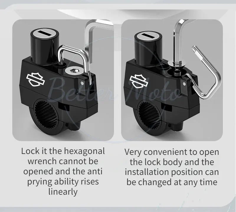 Two views of a black motorcycle lock with text describing its features.