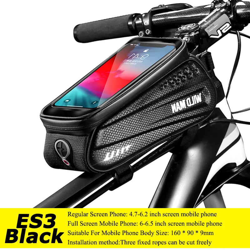 Bicycle handlebar bag with smartphone mount on a white background