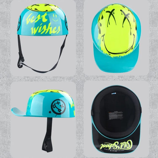 Colorful helmet with text and designs on a gray background