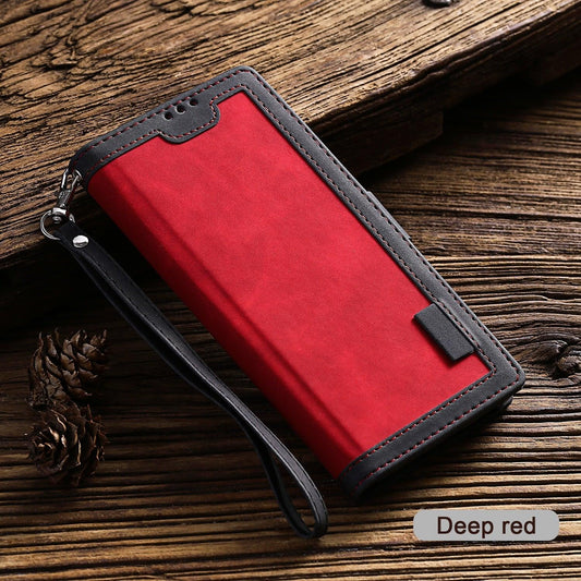 Red phone case with black accents on a wooden surface