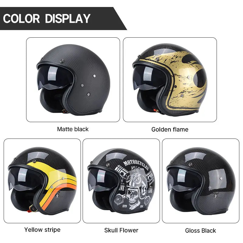 Collection of different motorcycle helmets with color options displayed.