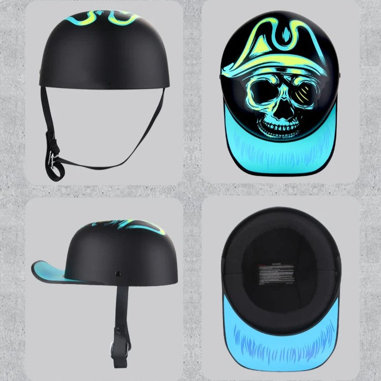 Black and blue helmet with skull design on a gray background