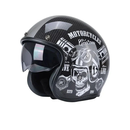 Black motorcycle helmet with skull design and text on a white background