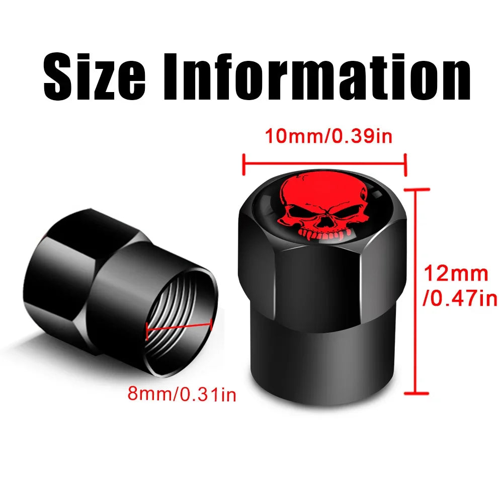 Black valve stem caps with red skull design and size information on a white background