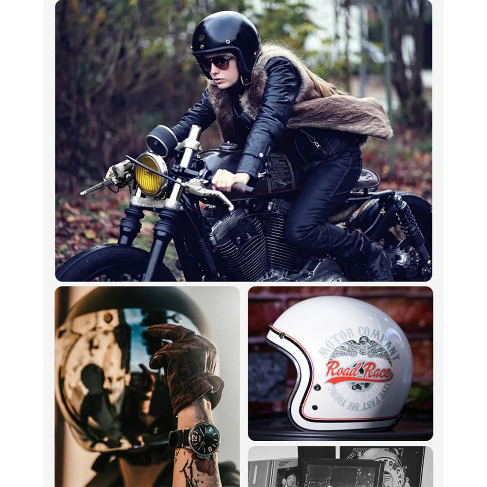 Woman on a motorcycle with close-up shots of a helmet, glove, and watch.