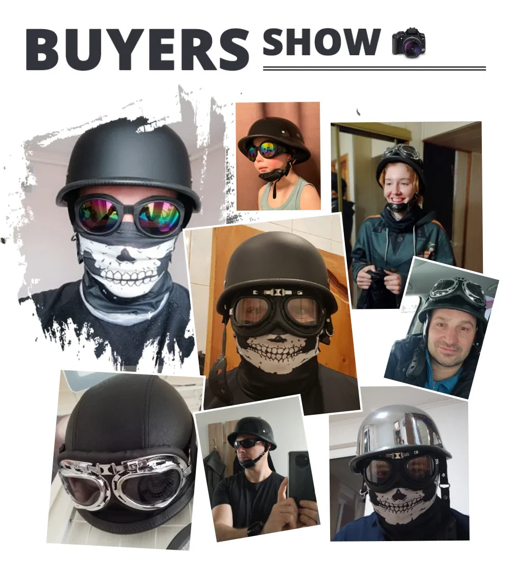 Collage of people wearing helmets and face masks with text 'BUYERS SHOW'.