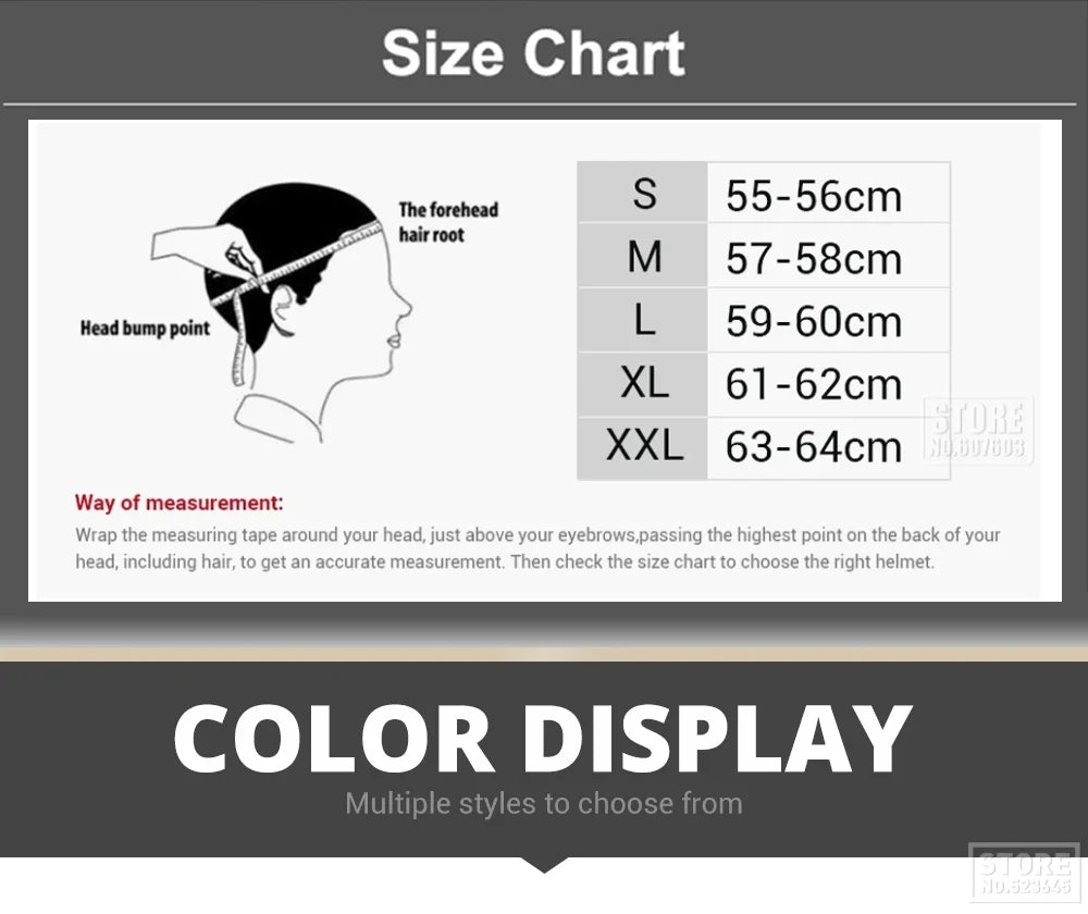 Helmet size chart with measurement guide and color display on a gray background