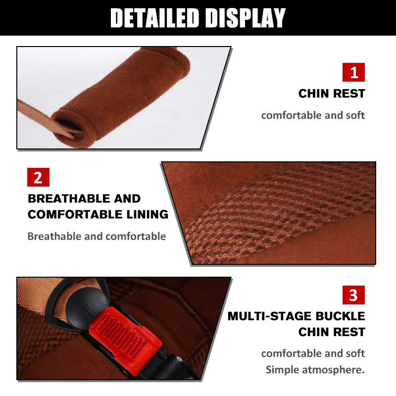 Product display with brown chin rest, breathable lining, and multi-stage buckle.
