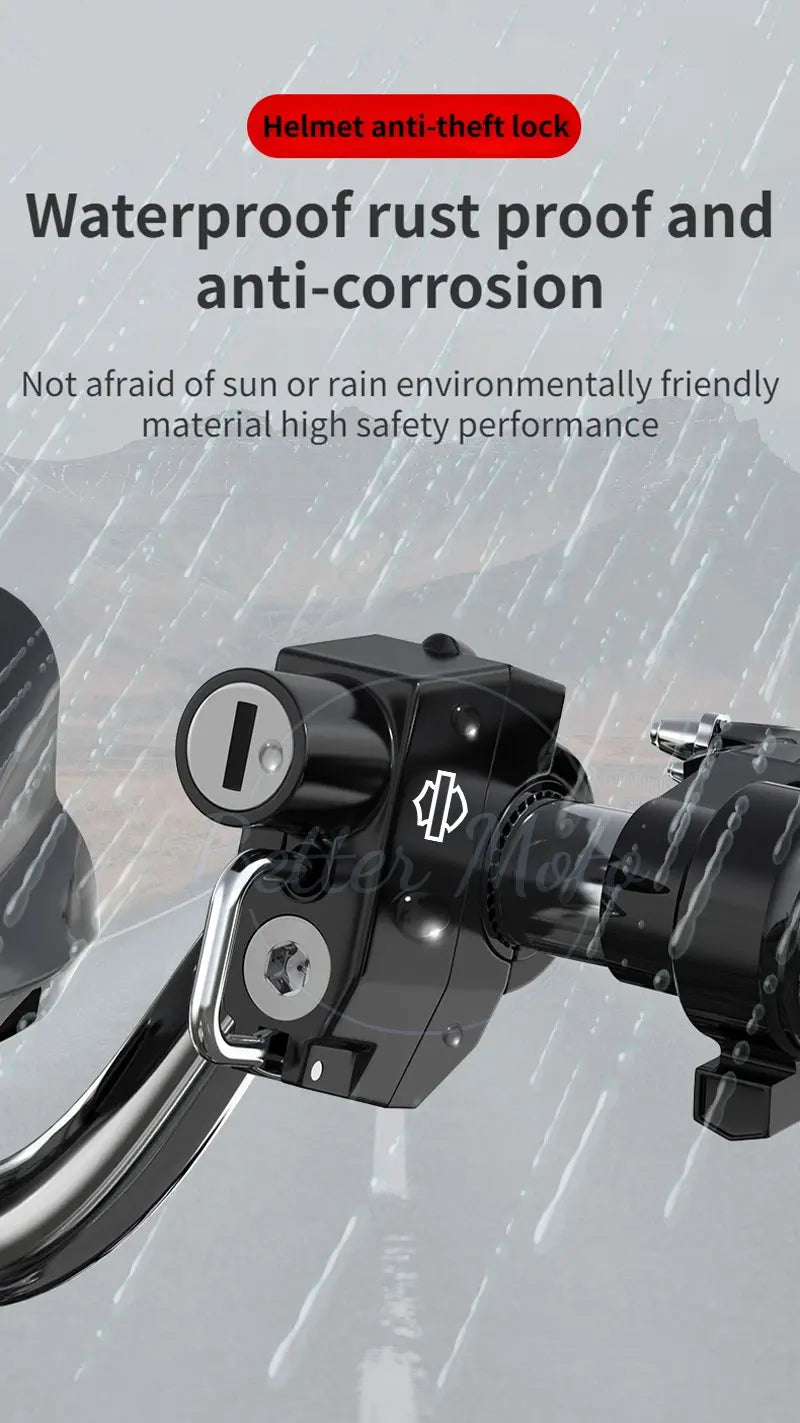 Motorcycle lock with anti-theft features on a gray background