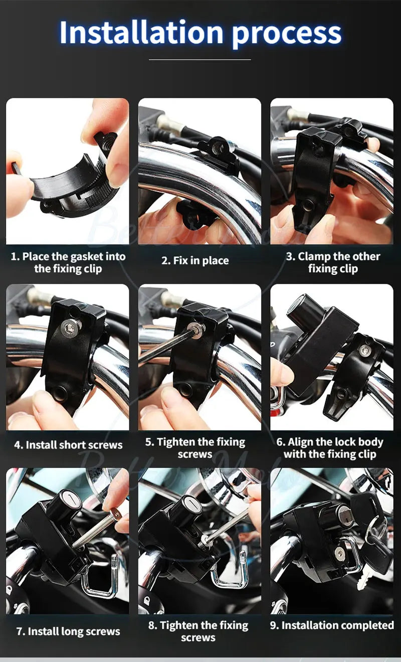 Step-by-step installation process of a Motorcycle Helmet Lock Anti-theft Security Safety For Handlebar

