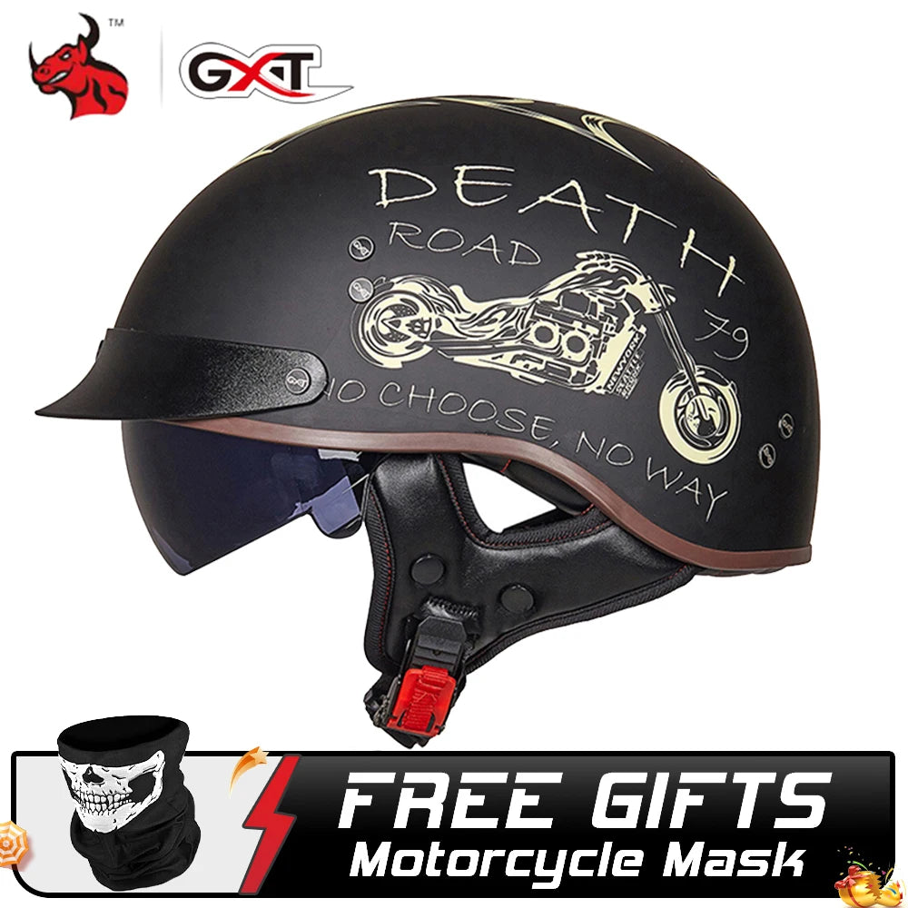 Black motorcycle helmet with graphic design and free motorcycle mask offer on a white background